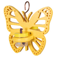 Foam craft butterfly feeder with yellow body copper hanger and two small clear jars containing dark purple string