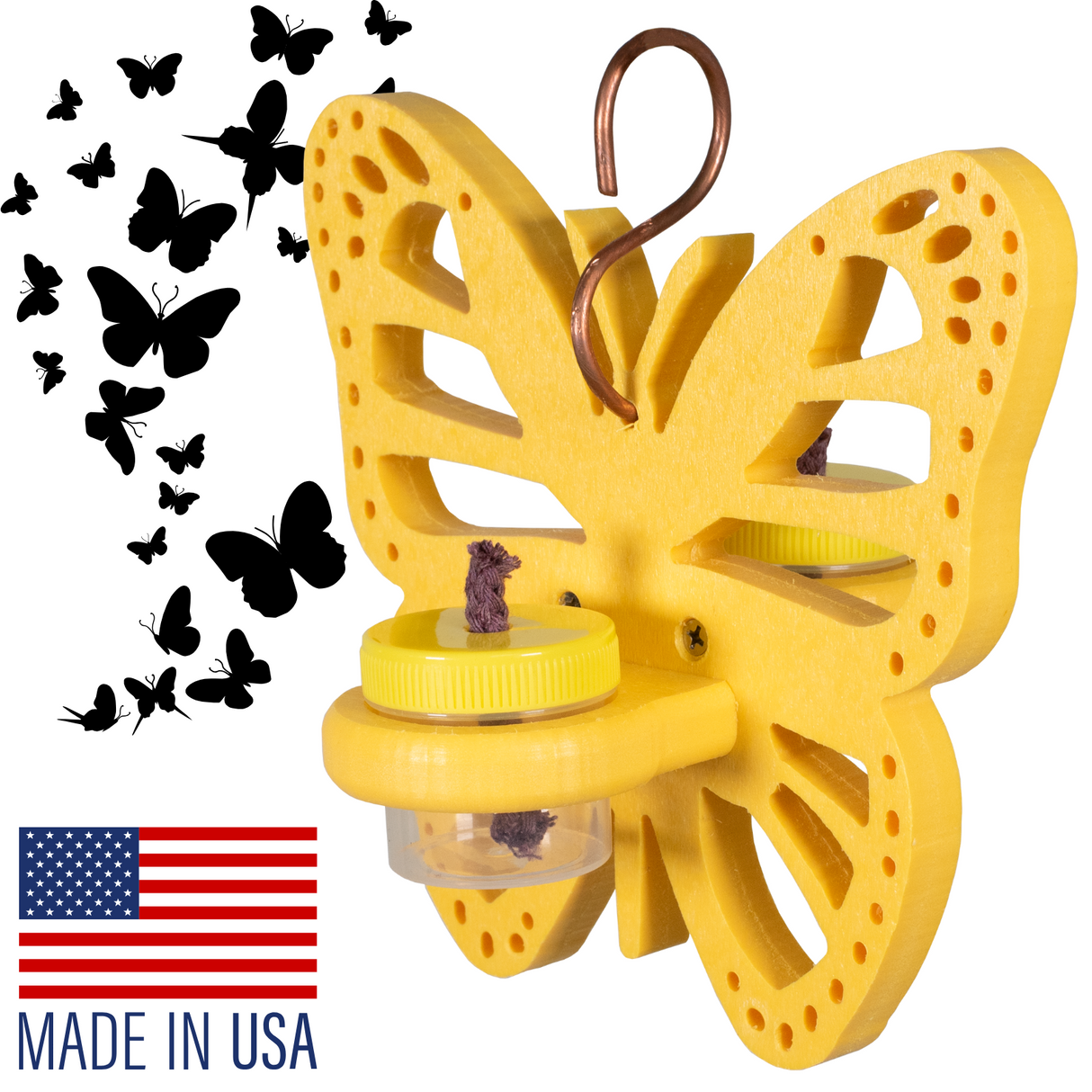 A yellow wooden butterfly-shaped feeder with two small clear jars, a copper hook, and a brown cord detail accented by a background of black butterfly silhouettes against a white backdrop