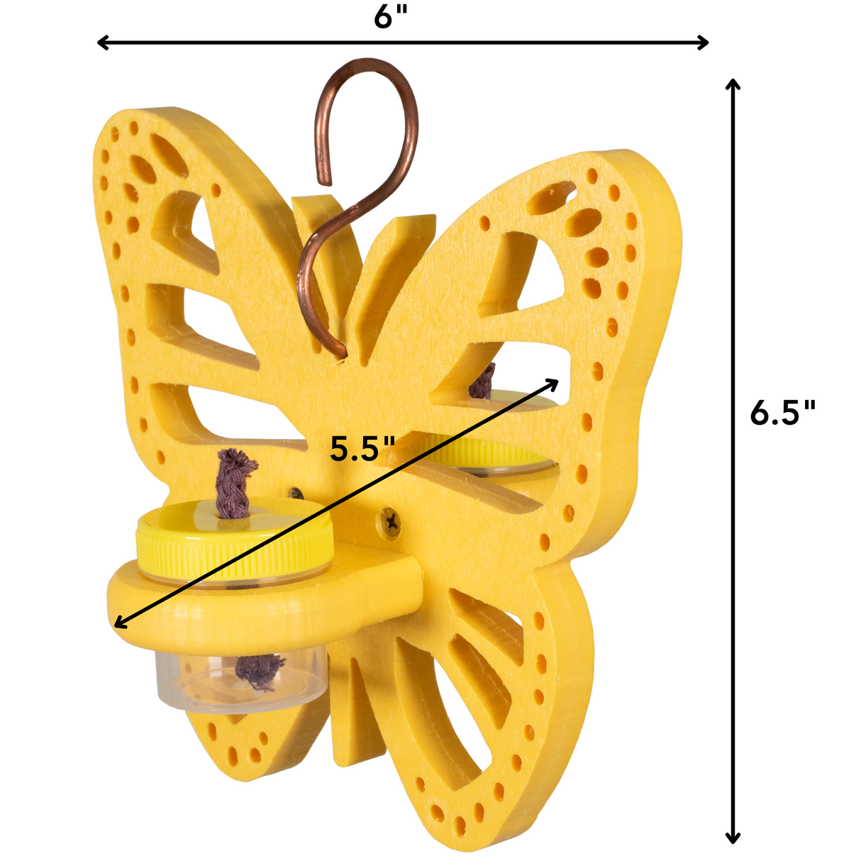 A yellow painted wood butterfly feeder with two clear jars a copper hanging hook and intricate cutouts hangs against a white background