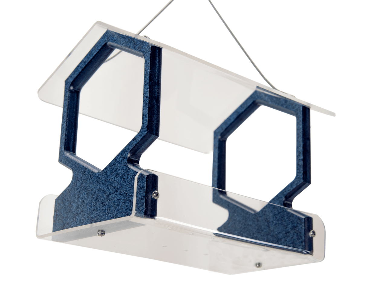 Contemporary acrylic and composite bird feeder with hexagon shaped perches and a clear, protective roof showing off its dark blue speckled composite material and silver hardware