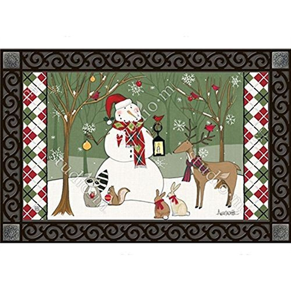 Artist Unknown doormat featuring a whimsical snowman with woodland animals in a snowy winter scene with red cardinal birds and a lantern next to a decorative border