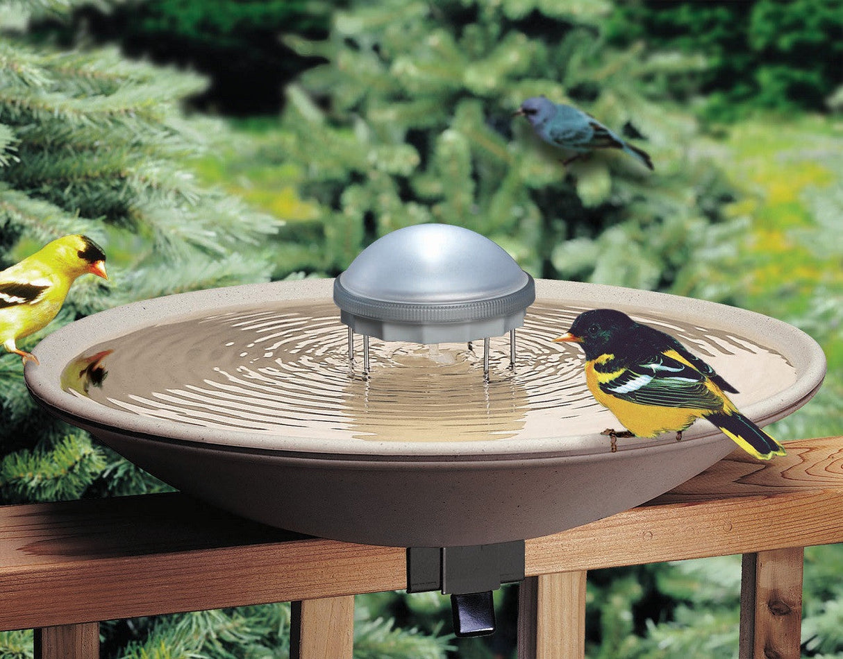 Photo of a solar-powered bird bath on a deck showing a goldfinch, a black and yellow oriole, and a blue bird drinking from the beige birdbath with a silver dome and gently rippling water