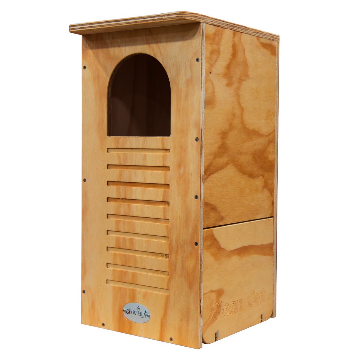 Jo's Wildlife wooden birdhouse featuring a light brown arched entryway and slatted ventilation slots against a white background