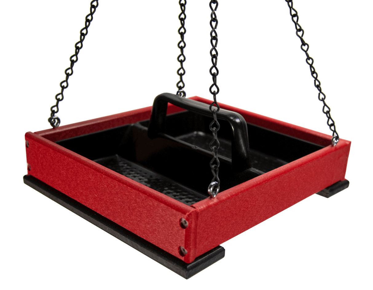 JCS Wildlife Medium Poly Lumber Hanging Platform Feeder in red color, perfect for attracting birds to your garden.