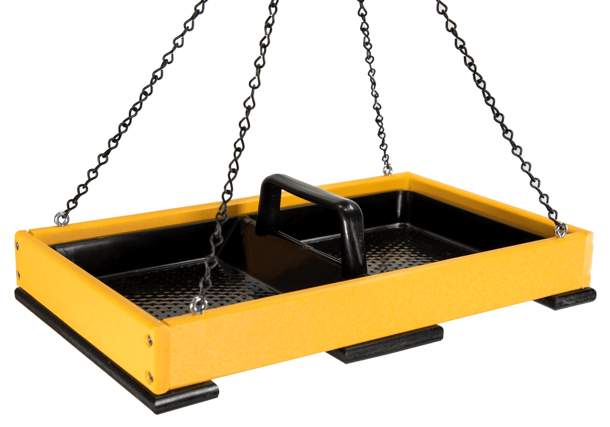 JCS Wildlife Large Poly Lumber Hanging Platform Feeder in yellow with chains for easy hanging and removable tray.