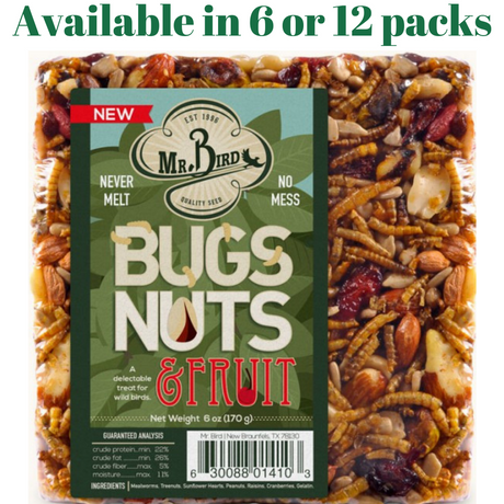 Mr. Bird Bugs, Nuts, & Fruit Small Wild Bird Seed Cake 6 oz., available in 6 or 12 packs, ideal for attracting wild birds.