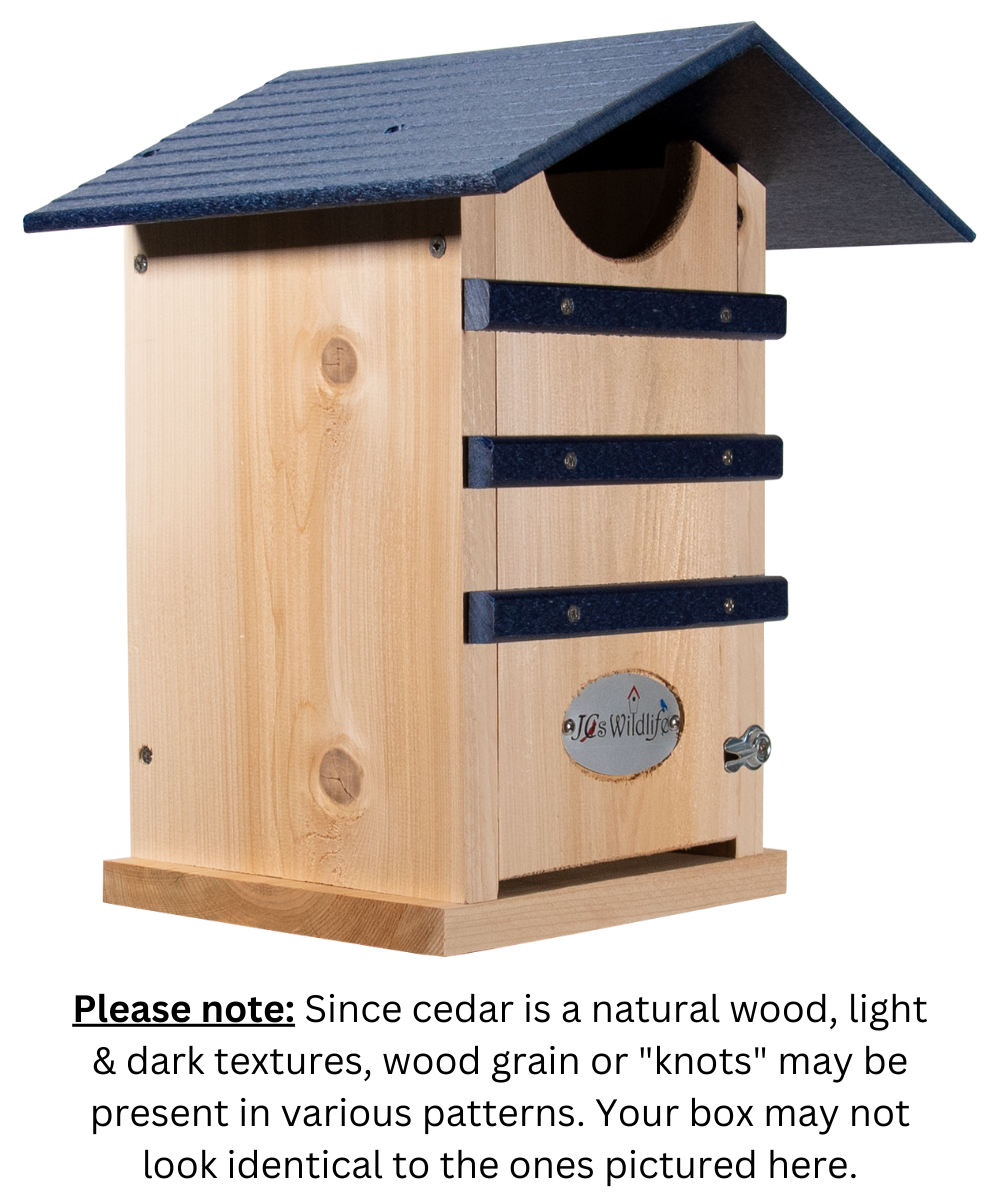 JCS Wildlife Cedar Screech Owl Nest Box with Poly Lumber Roof for attracting Screech Owls to your yard.