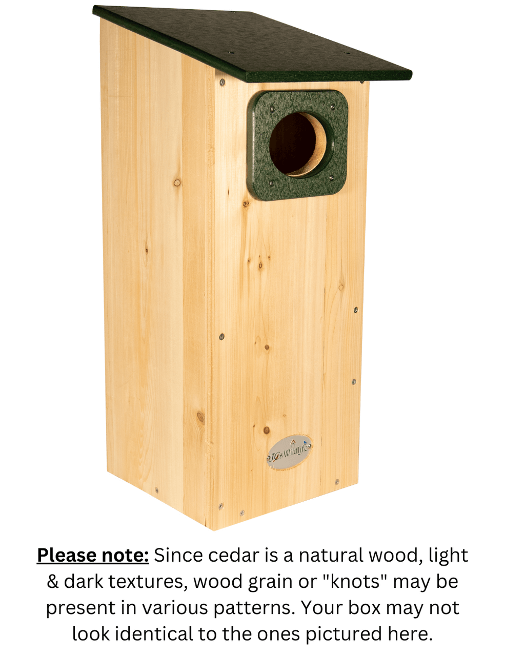 JCS Wildlife Cedar Wood Duck House featuring recycled poly lumber roof and oval entrance for cavity-nesting birds.