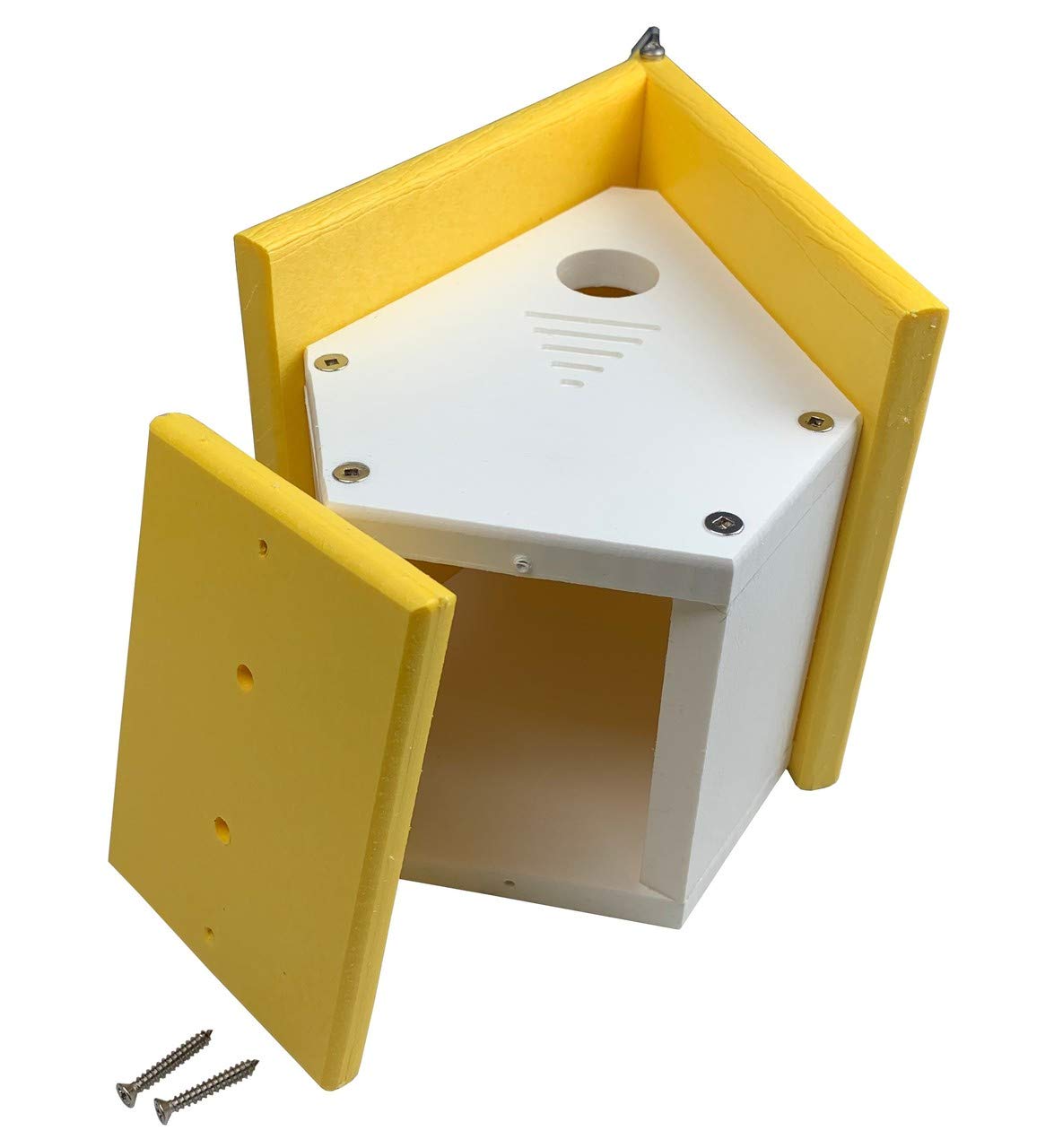 Assembled yellow and white wooden birdhouse with removable panel, circular entry hole, and small screws included
