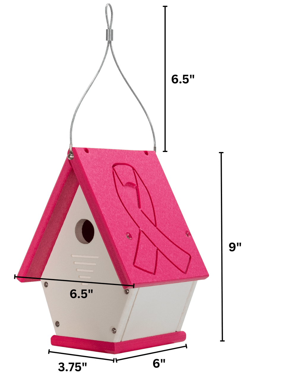 Annie's Breast Cancer Collection pink birdhouse featuring a ribbon design, dimensions 6.5" x 6" x 9".
