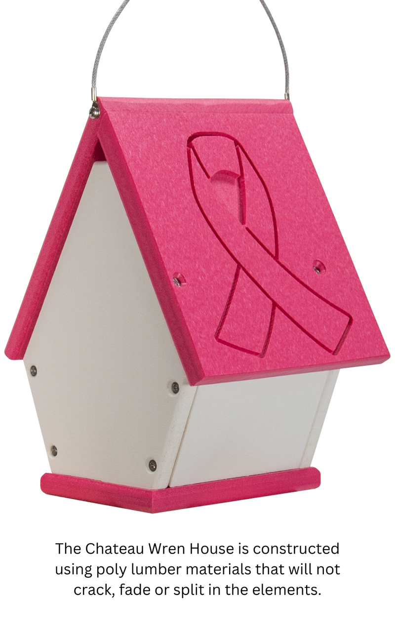 Chateau Wren House with pink breast cancer ribbon design, made from durable poly lumber materials.