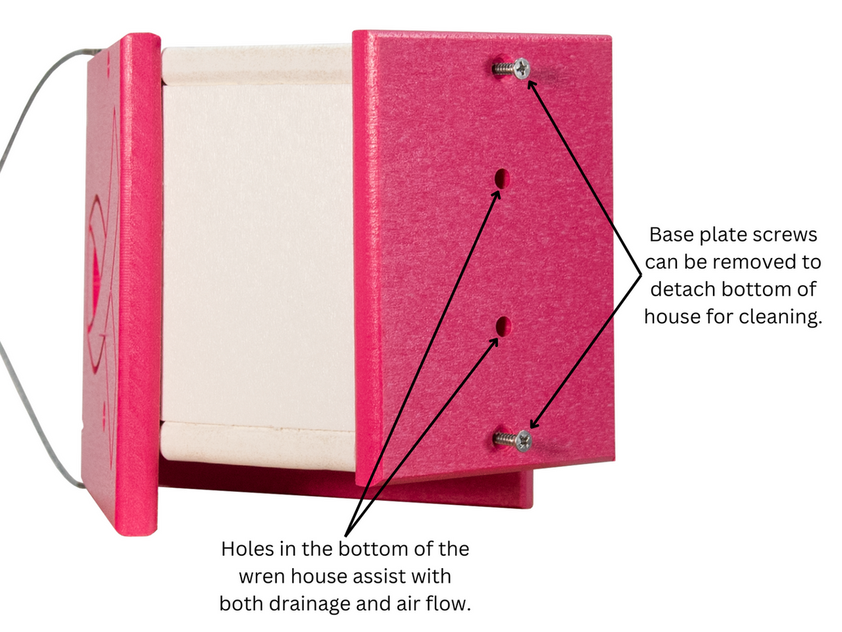 Annie's Breast Cancer Collection: close-up of a pink wren house with removable base for easy cleaning and ventilation holes.
