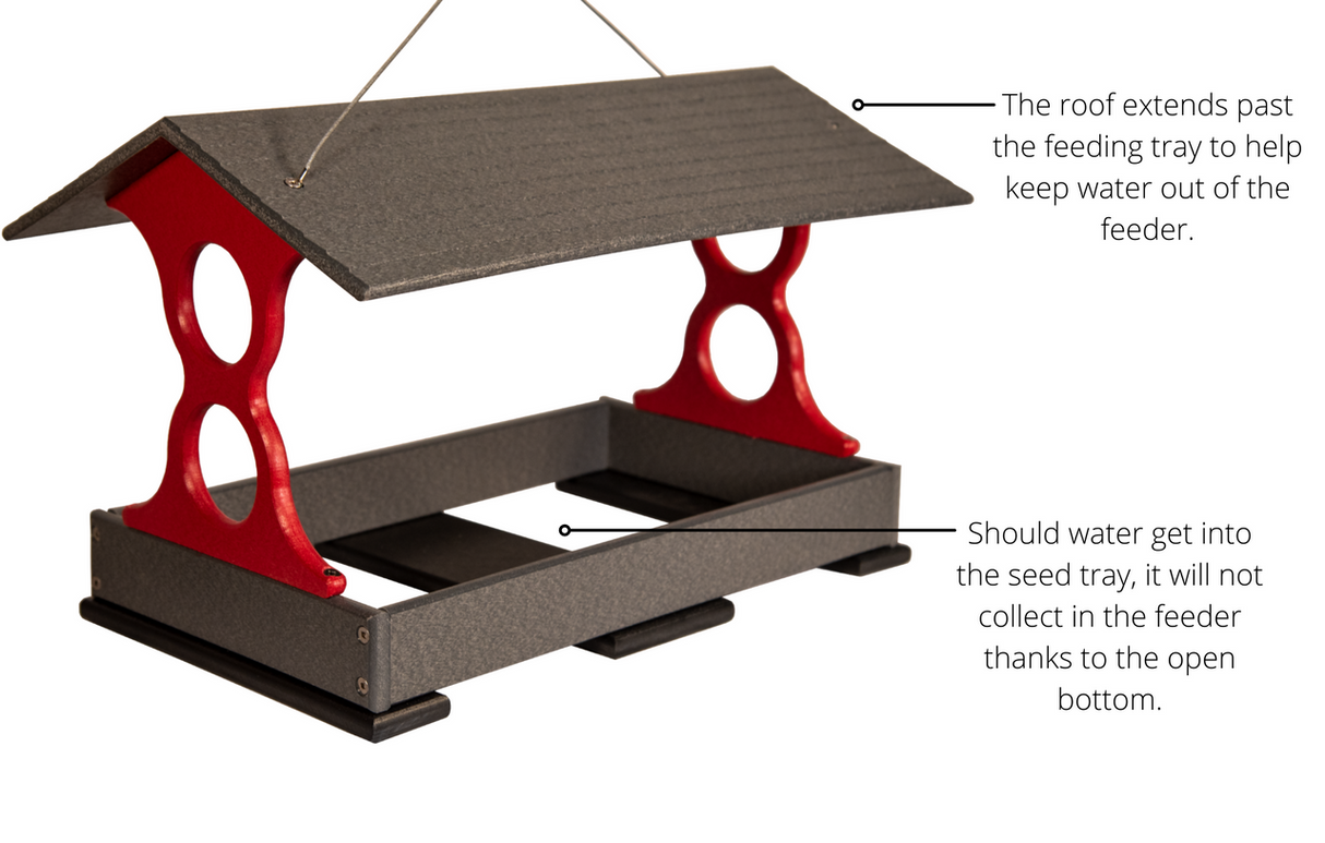 Recycled plastic bird feeder with a gray roof, red accents, and an open bottom tray for drainage against a white background