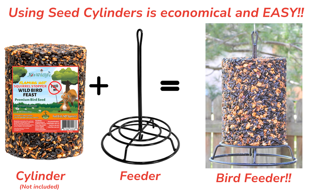 JCS Wildlife Bird Seed Cylinder Feeder with seed cylinder, showing how to easily use for bird feeding.