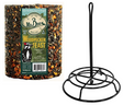 Mr. Bird Woodpecker Feast birdseed cylinder with a black metal feeder stand showing a woodpecker image and featuring sunflower seeds pecans and other colorful elements