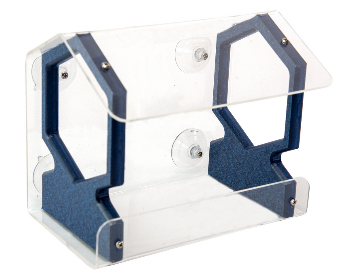 Product shot of an acrylic and composite hummingbird feeder with a clear body, dark blue accents, and suction cup mounts.