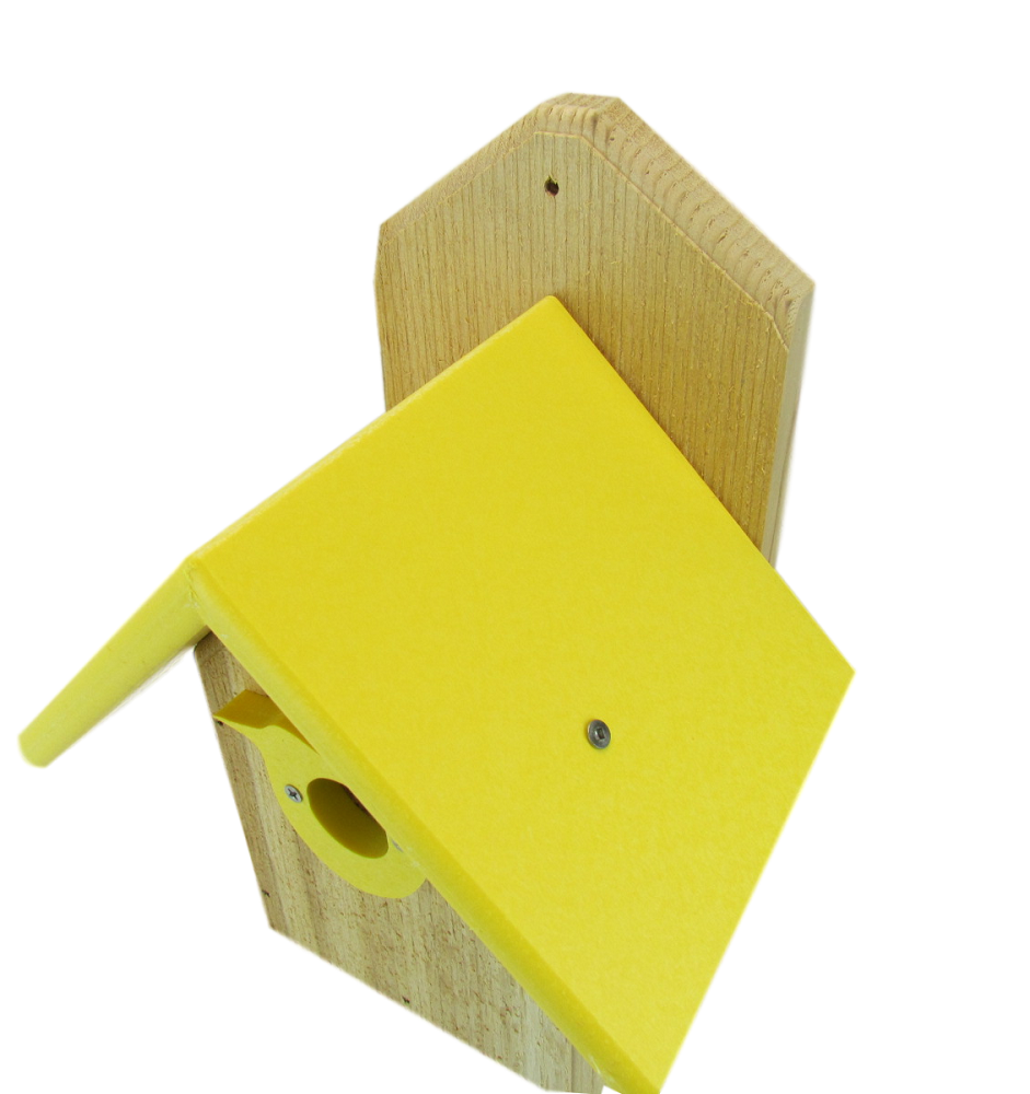 Wooden birdhouse with bright yellow roof and a small entry hole showing natural wood and metal accents