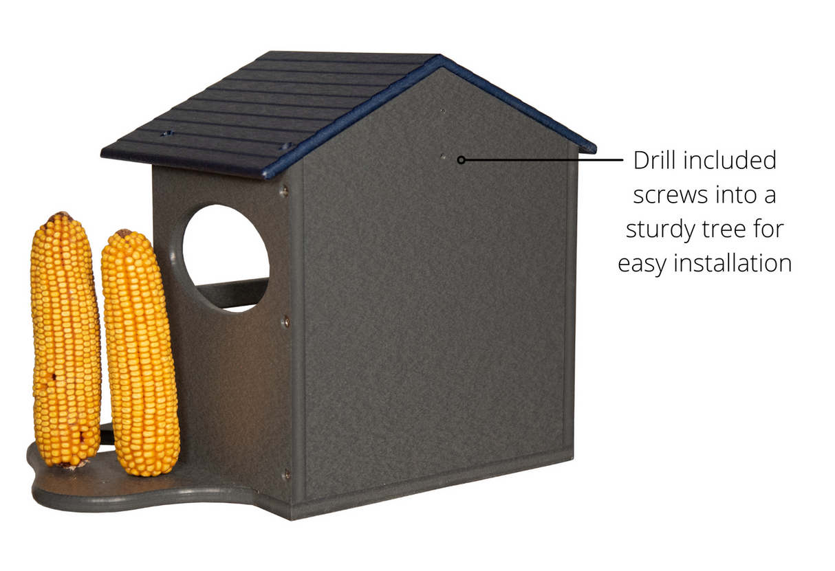 JCS Wildlife Squirrel Snack Station with corn holders, easy installation for feeding squirrels outdoors.