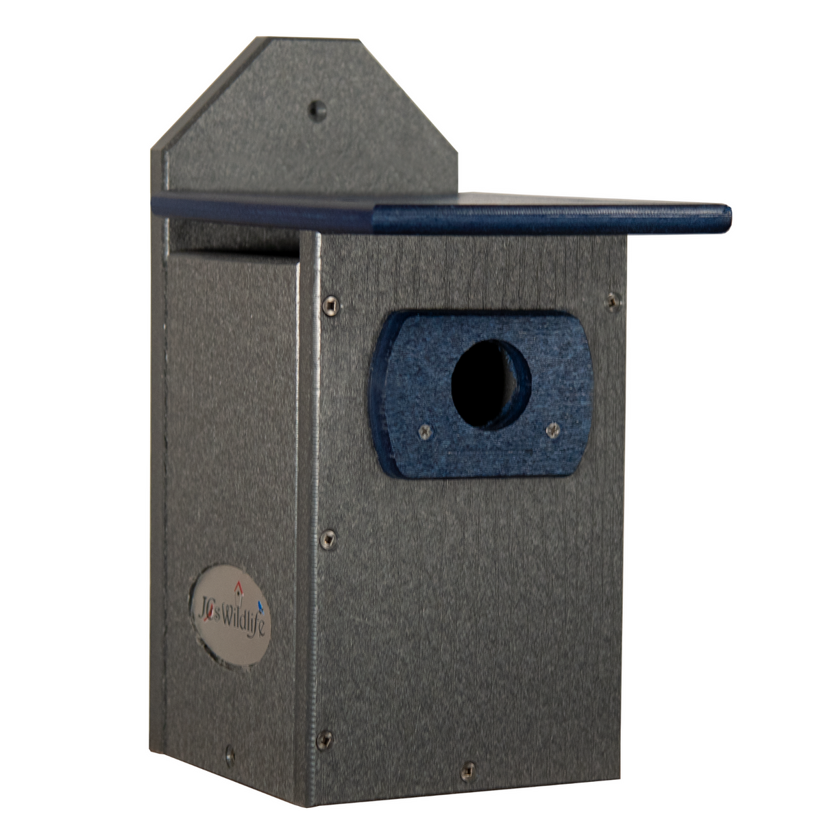 JG Wildlife gray and blue composite birdhouse with a dark blue entryway and a peaked roof showing visible screws and a logo