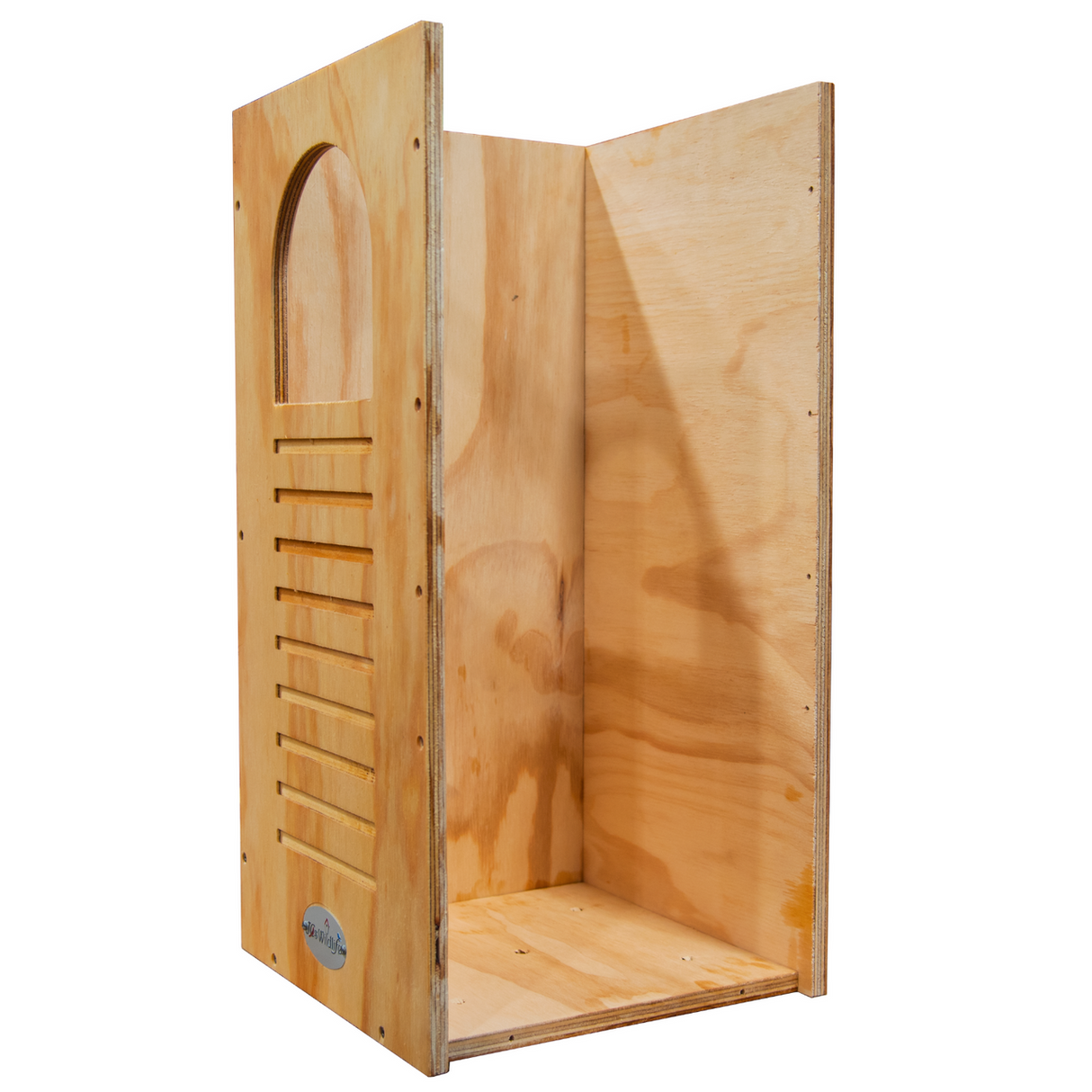 Unidentified artist's plywood bat house showing an arched entryway, slatted ventilation, and a small metal logo on light-colored wood