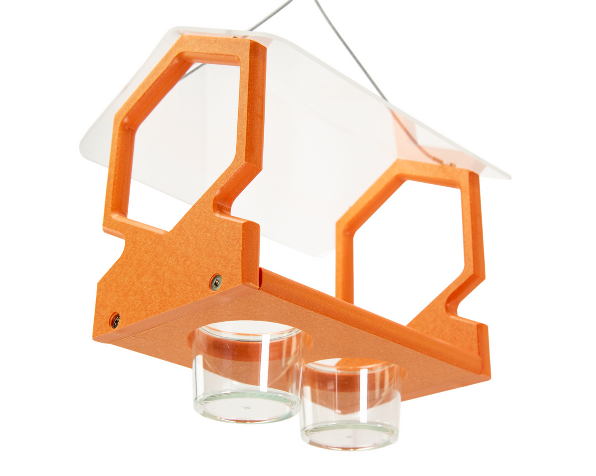 JCS Wildlife Geometric Hanging Oriole Feeder in bright orange with 2 glass jars for grape jelly, eco-friendly design.