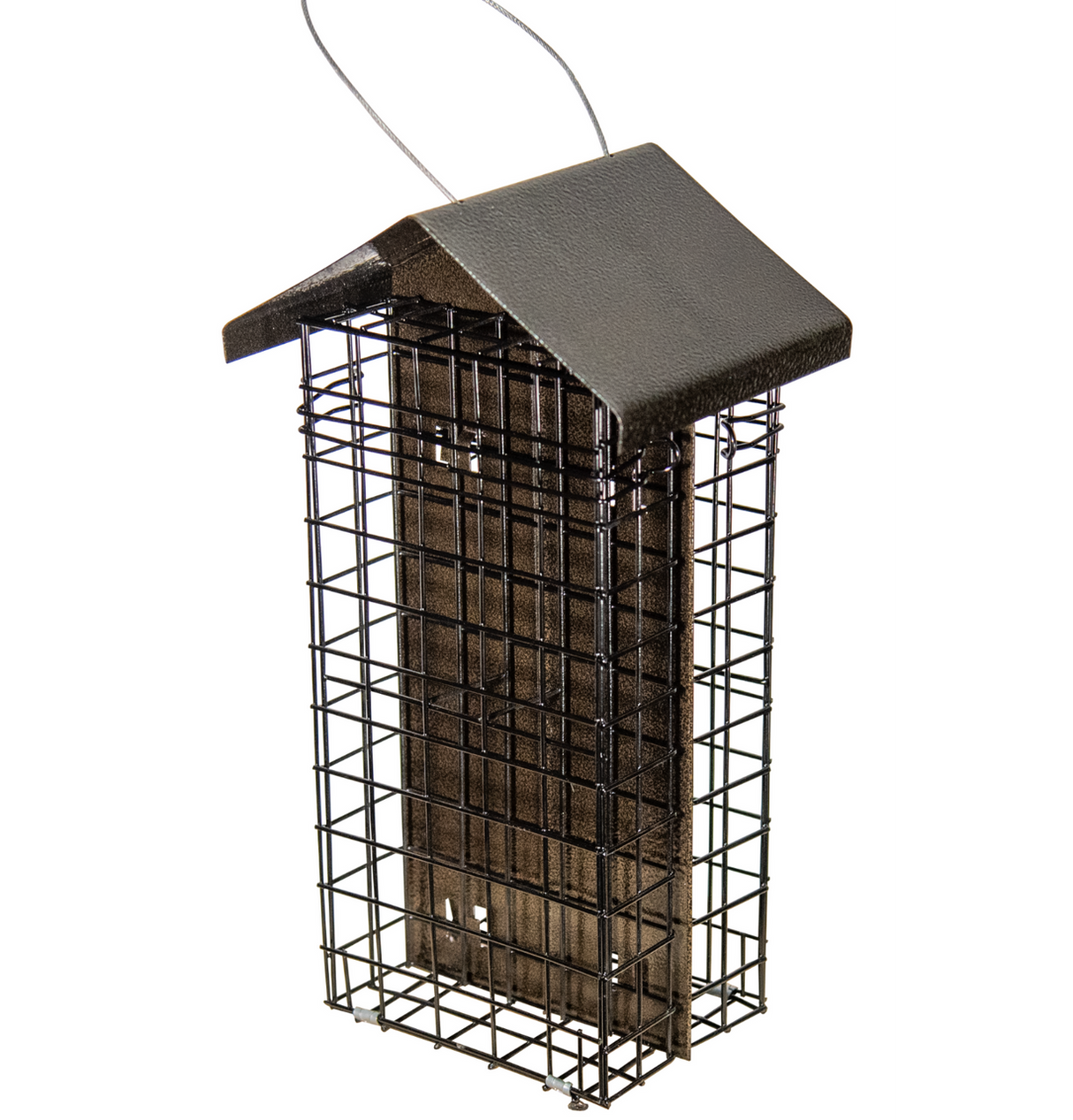 JCS Wildlife Metal House Four Cake Suet Cage in bronze, designed for holding four suet cakes, featuring a textured roof.