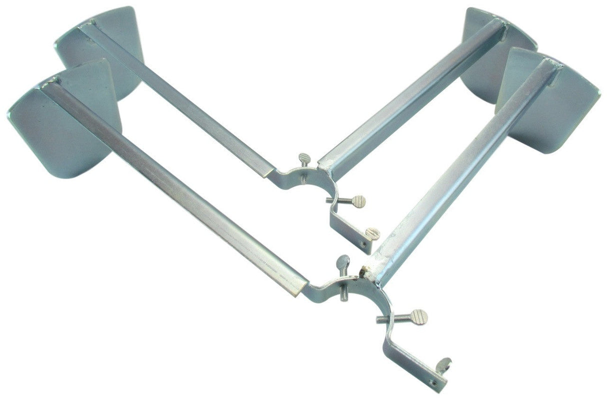 Close-up product shot of two galvanized steel corner braces with  adjustable bolts and flat rectangular plates showcasing their light-grey metallic finish and sturdy construction