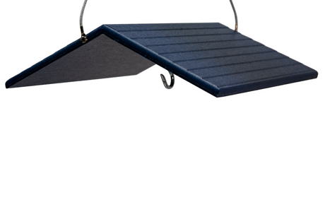Product shot of a dark blue plastic bird feeder featuring a peaked roof design with grooved texture and a small metal hanging hook