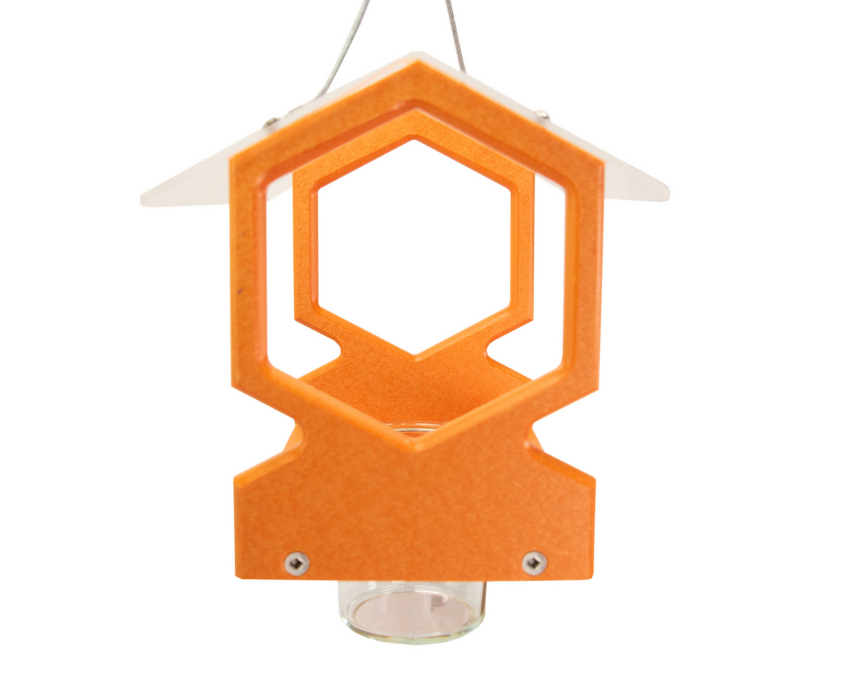 JCS Wildlife Geometric Hanging Oriole Feeder in vibrant orange, eco-friendly design with feeding jars included.