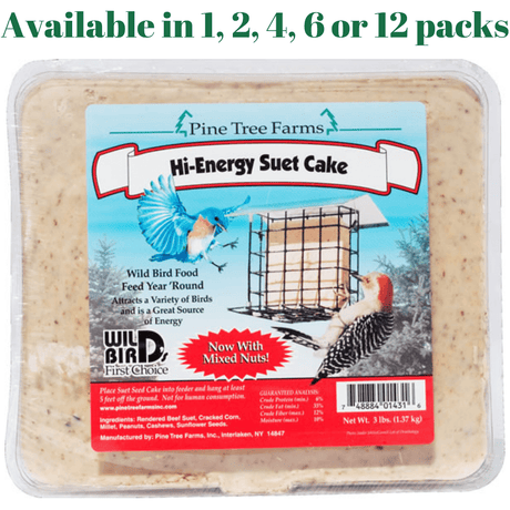 Pine Tree Farms Hi-Energy Suet Cake, 3 pounds, available in 1, 2, 4, 6, and 12 packs, for attracting wild birds.
