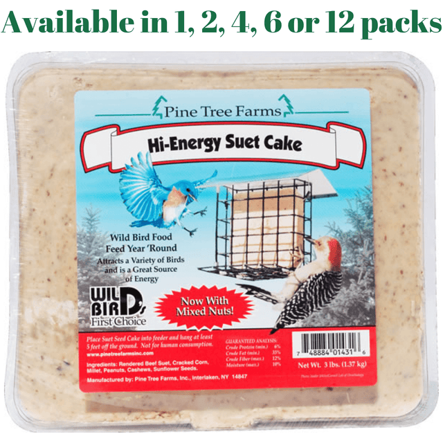Pine Tree Farms Hi-Energy Suet Cake, 3 pounds, available in 1, 2, 4, 6, and 12 packs, for attracting wild birds.