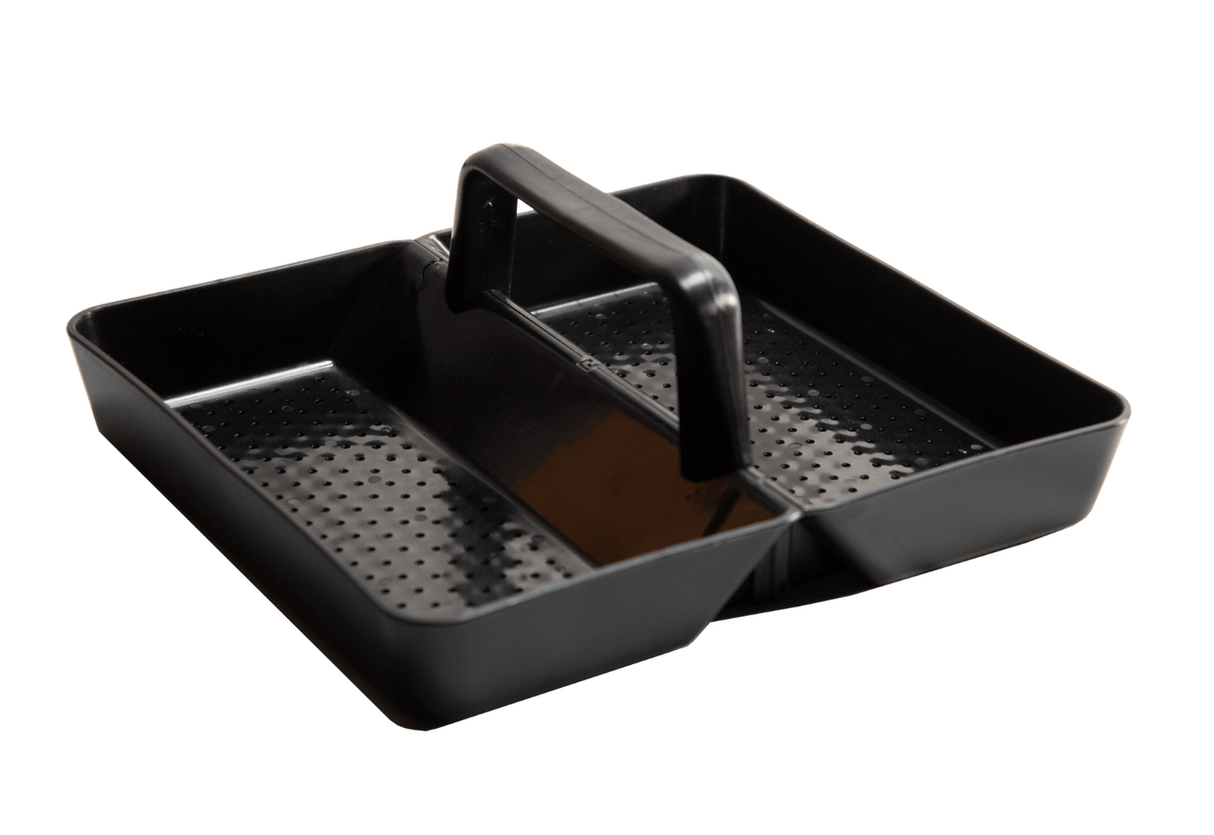 Removable tray of the JCS Wildlife Medium Poly Lumber Hanging Platform Feeder in black, featuring a handle for easy cleaning.