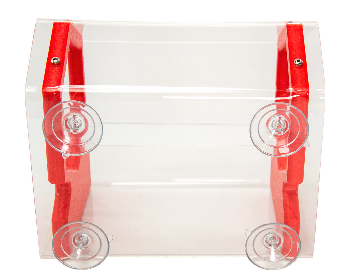 Product shot of a clear acrylic bird feeder with red accents and four suction cups for window mounting showing screws and vibrant color details