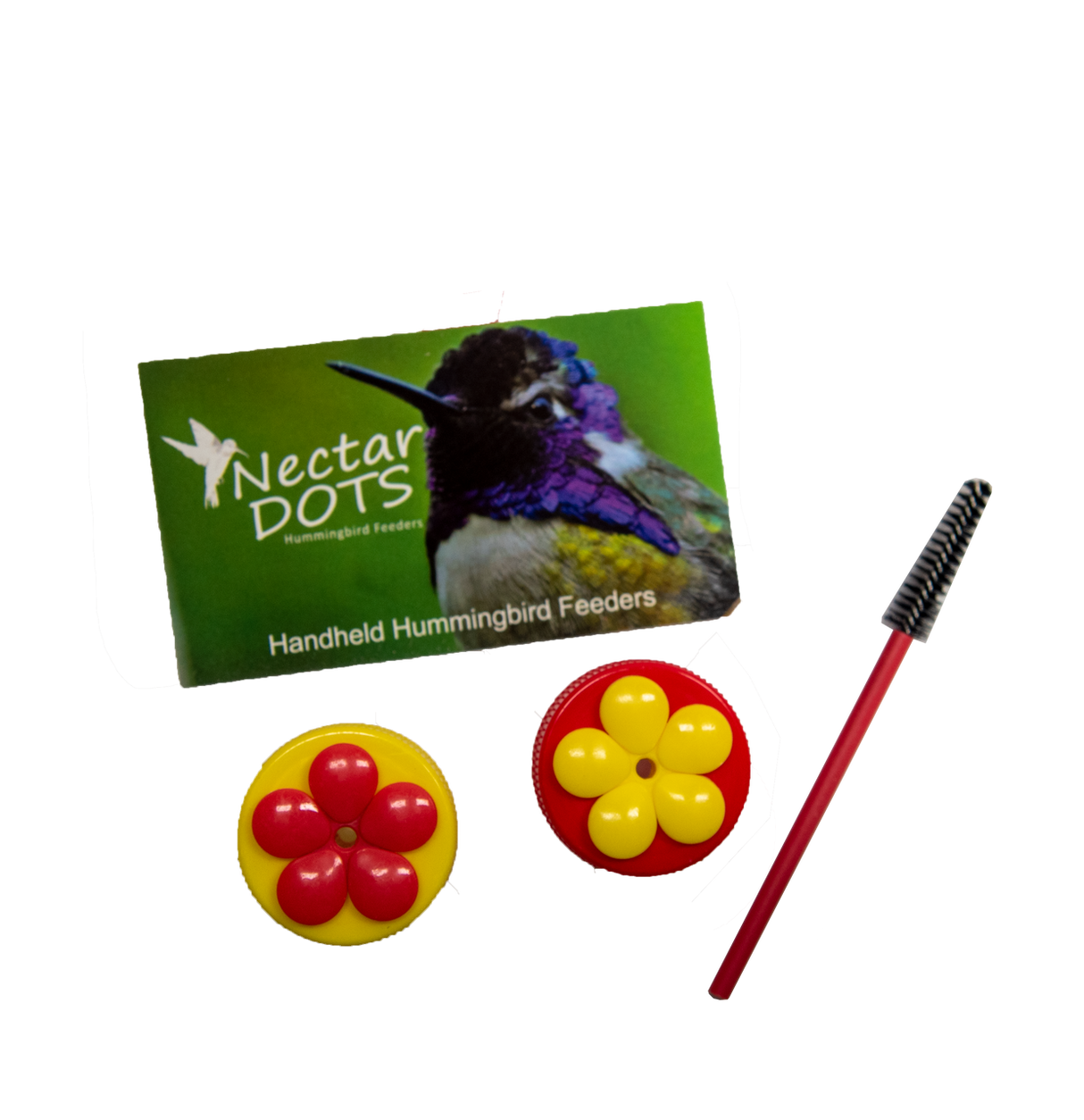 Product shot showing Nectar Dots handheld hummingbird feeders red and yellow flower-shaped feeders and a cleaning brush with a hummingbird image featuring vibrant purple and green colors