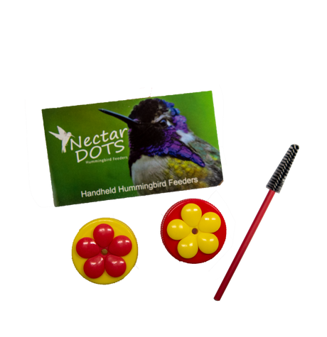 Product shot showing Nectar Dots handheld hummingbird feeders red and yellow flower-shaped feeders and a cleaning brush with a hummingbird image featuring vibrant purple and green colors