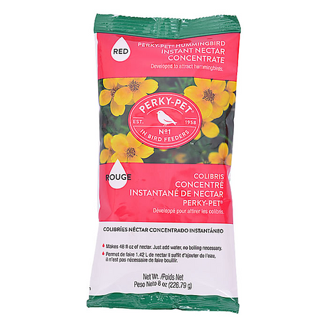 Perky Pet Instant Hummingbird Nectar Concentrate 8oz packet for attracting hummingbirds.