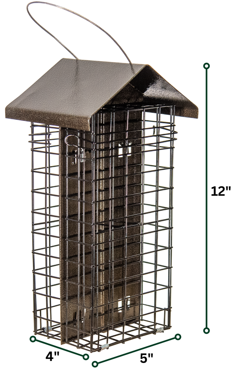 JCS Wildlife Metal House Four Cake Suet Cage (Bronze) with textured roof and wire design, dimensions 4"x5"x12".