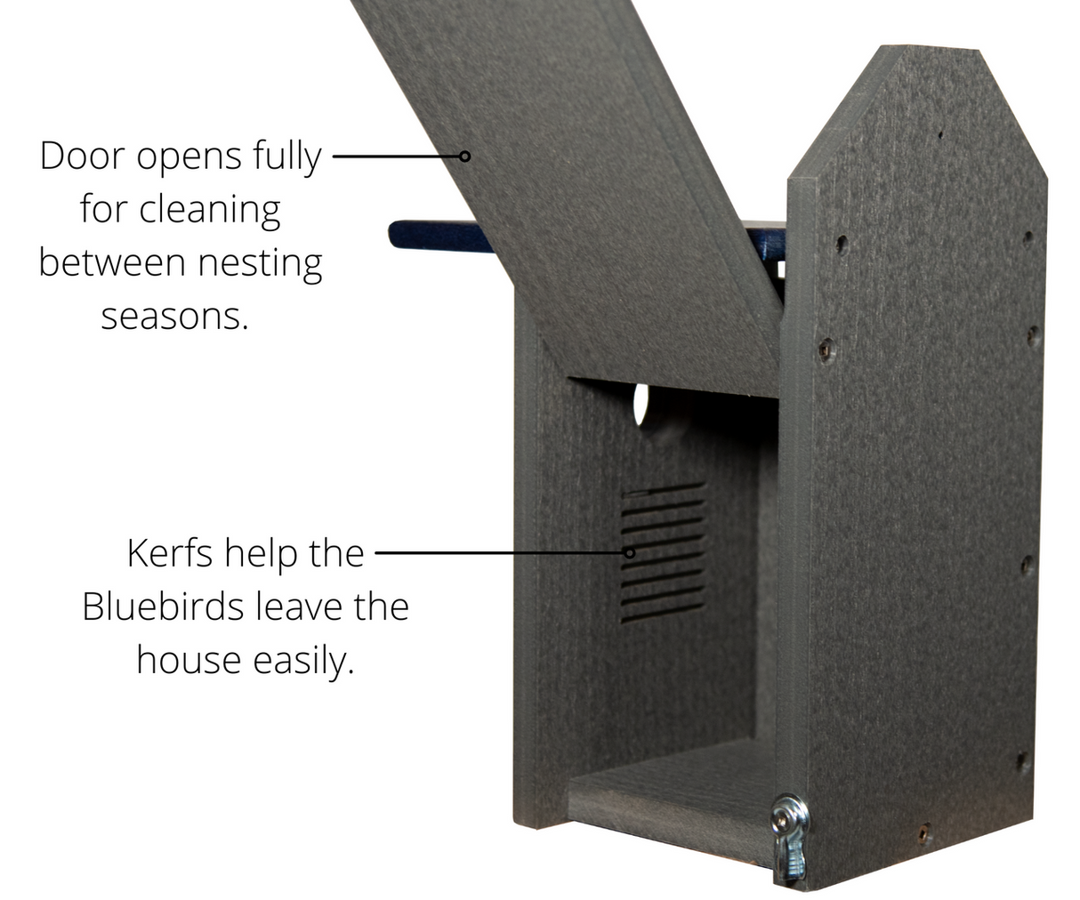 Product shot of a gray plastic bluebird house with a hinged door kerfed edges and ventilation slots showing its interior detail
