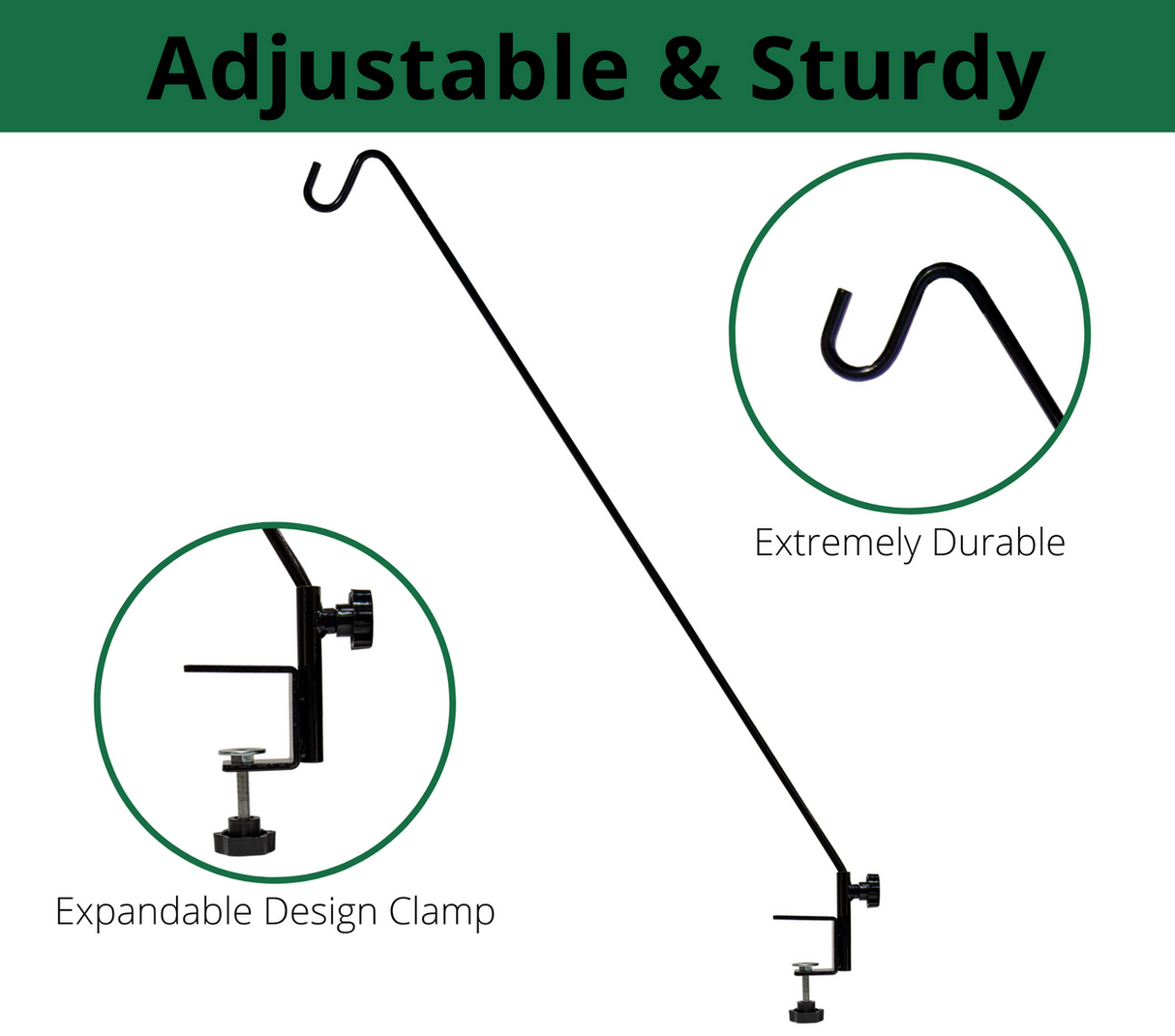 JCS Wildlife Deck Hook with adjustable clamp, sturdy metal design for hanging garden decor, available in 42-inch and 48-inch sizes.