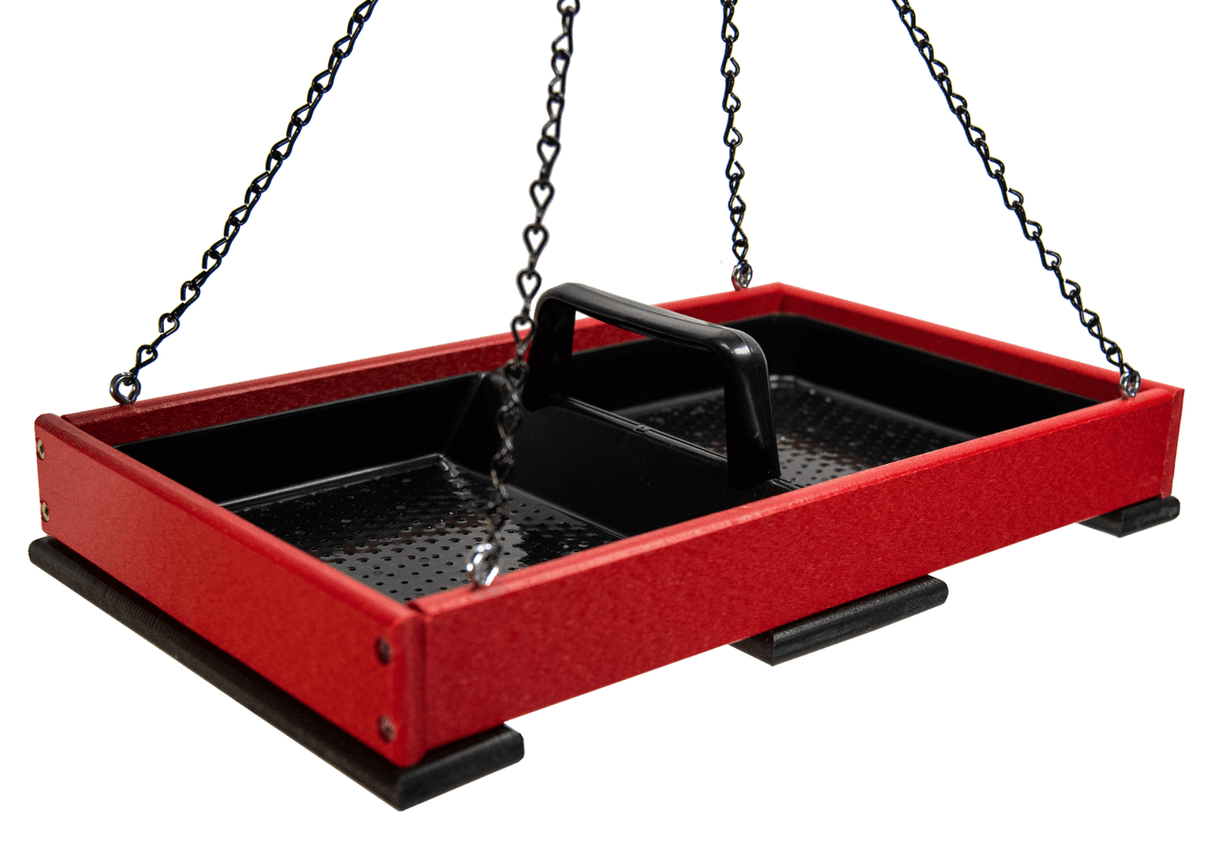 JCS Wildlife Large Poly Lumber Hanging Platform Feeder in red, featuring a removable tray and durable construction.