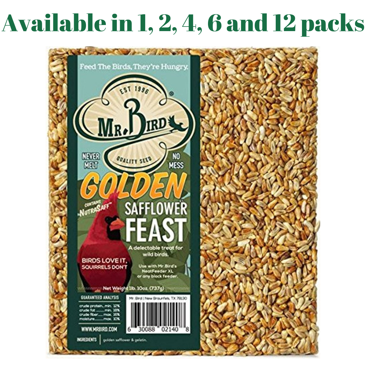Mr. Bird Golden Safflower Feast large wild bird seed block 1 lb. 10 oz. package design, available in various pack sizes.
