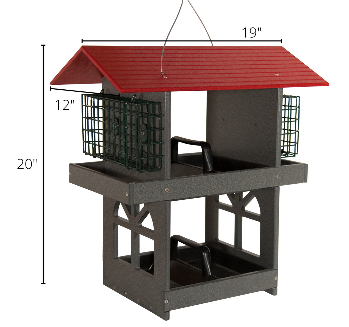 JCS Wildlife Double Fly Thru Bird Feeder with Suet Cages, featuring red roof and removable seed trays for easy filling.