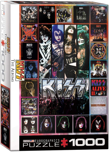 Eurographics 1000-piece puzzle featuring KISS album covers showcasing the band members, iconic KISS logo, and vibrant album art with dynamic colors and dramatic lighting