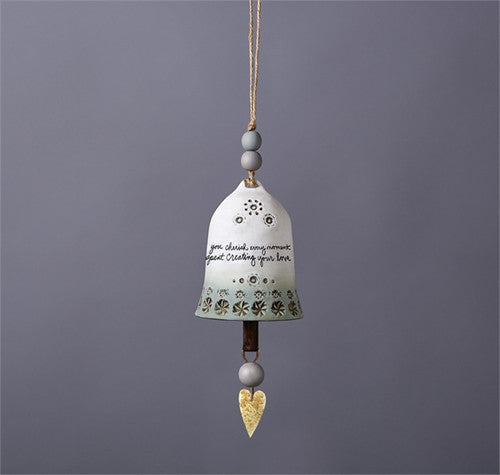 Ceramic bell by East of India featuring a delicate floral design, a heartfelt message, and gray and gold accents