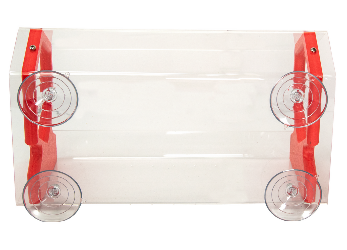 Clear acrylic box with red accents and four suction cups for attachment four small screws are visible in the red accents