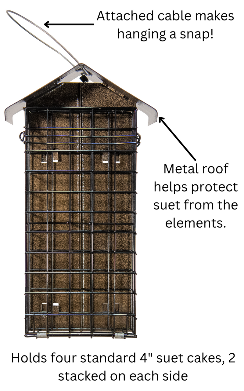 JCS Wildlife Metal House Four Cake Suet Cage in bronze with textured roof, holds four suet cakes, easy to hang.