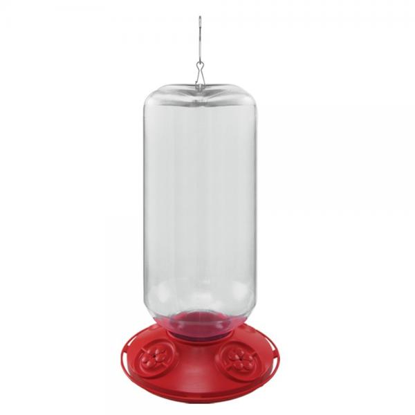 Product shot of a red and clear plastic hummingbird feeder with a metal hanging loop featuring three flower-shaped feeding ports a clear reservoir and a bright red base