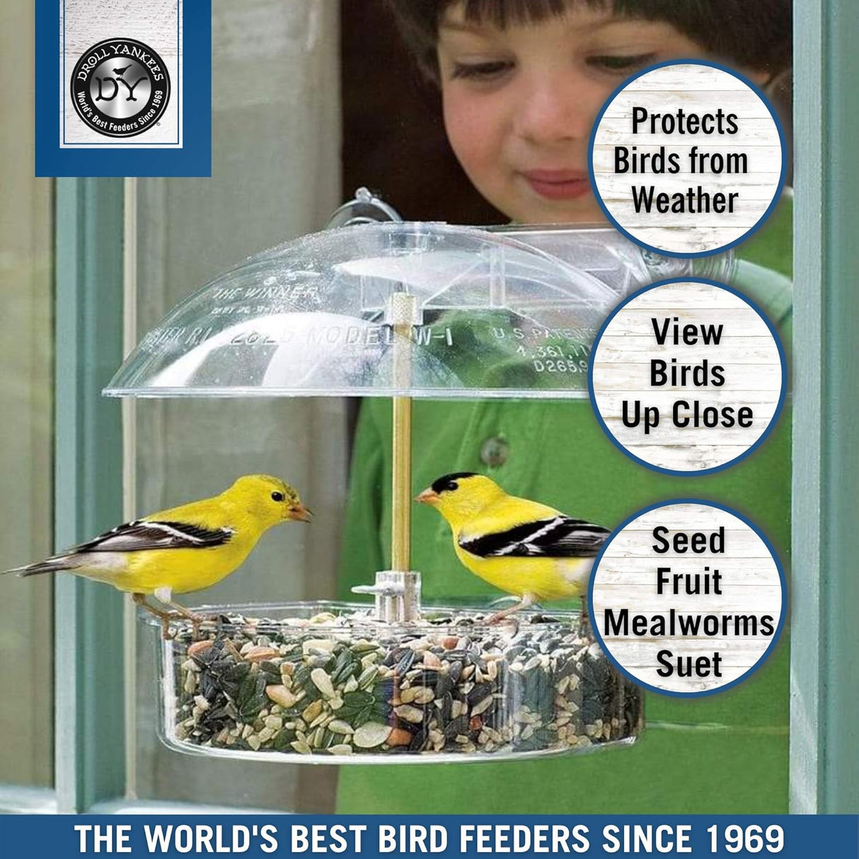 Droll Yankees Window Birdfeeder with goldfinches, offering weather protection and a close-up view of birds.