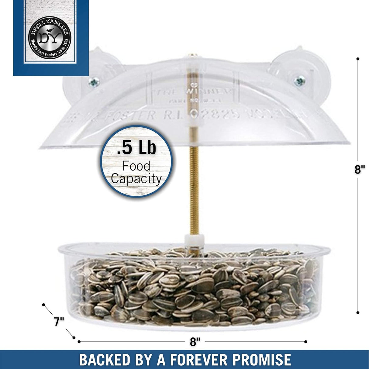 Droll Yankees Window Birdfeeder with .5 lbs seed capacity, clear polycarbonate design for bird viewing, 8" x 8".