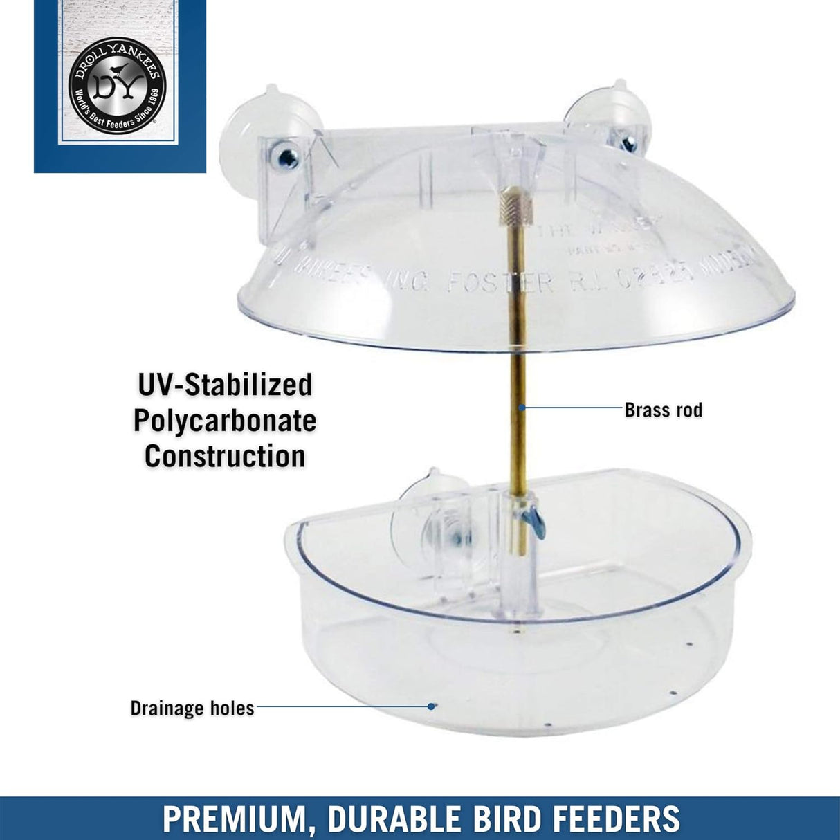 Droll Yankees Window Birdfeeder showcasing UV-stabilized polycarbonate construction and brass rod for durability.